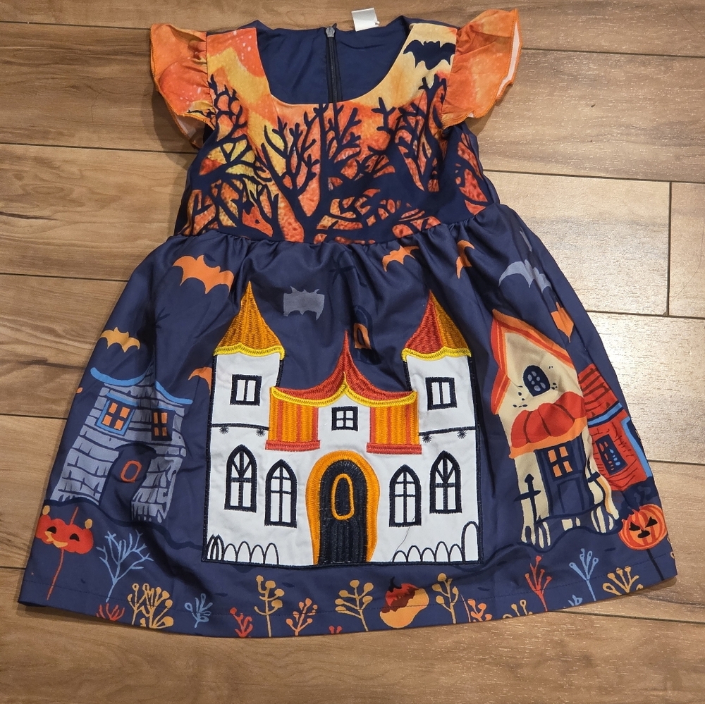 Mini Taylor Halloween Castle Dress - Orange and Blue, Size 3-4T